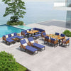 Adjustable cushioned patio chaise lounge chair in navy with a sturdy acacia wood frame, perfect for poolside relaxation.