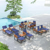 3-piece patio conversation set featuring acacia wood and navy cushions, ideal for outdoor relaxation by the pool.