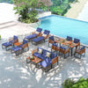 5-piece patio acacia wood chair set with navy cushions, including ottoman and coffee table, ideal for outdoor.