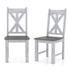 Farmhouse chair set of 2 with gray rubber wood frame and elegant hollowed backrest for stylish dining decor.