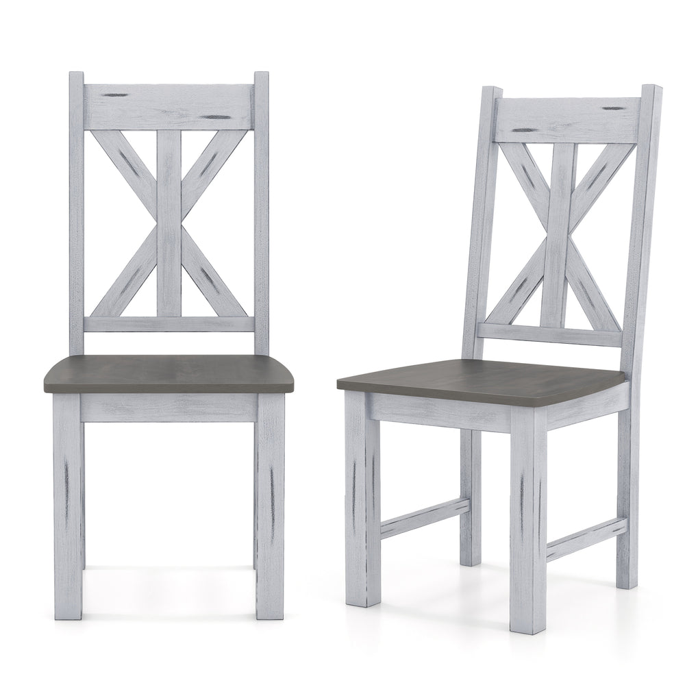 Farmhouse chair set of 2 with gray rubber wood frame and elegant hollowed backrest for stylish dining decor.