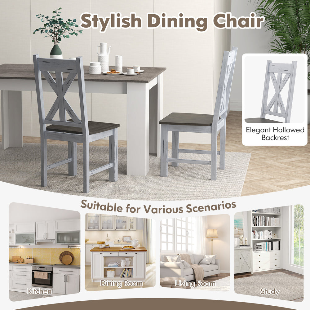 Gray farmhouse dining chair with rubber wood frame and elegant hollowed backrest, perfect for kitchen or dining room.