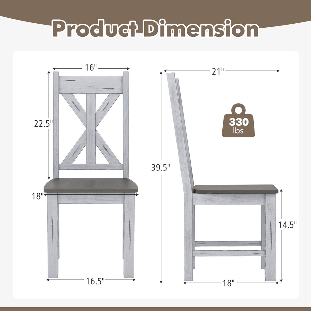 Farmhouse chair dimensions showcasing a gray rubber wood frame and elegant hollowed backrest, supporting up to 330 lbs.