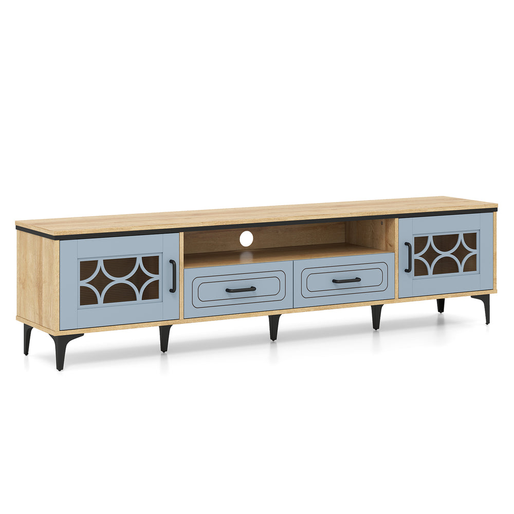 Farmhouse TV stand in oak and gray with 2 drawers, open compartment, and cable management for TVs up to 80 inches.