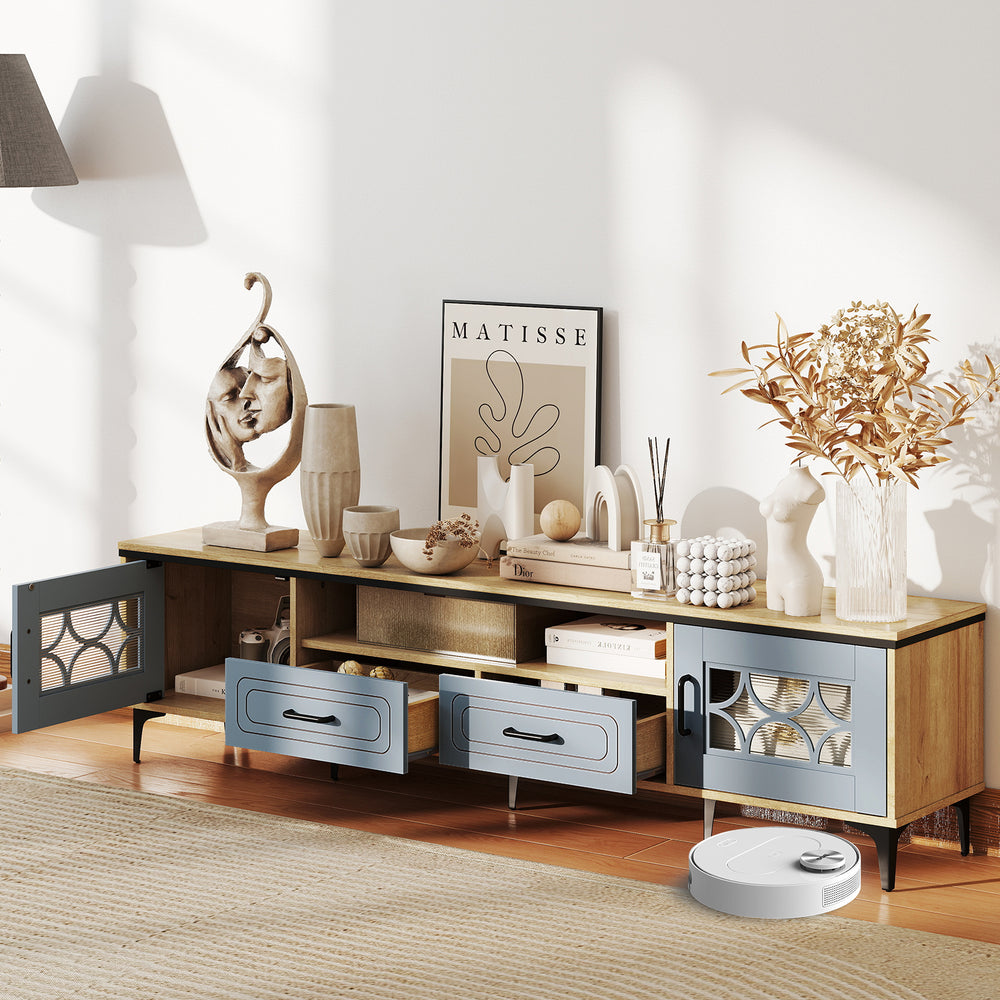 Farmhouse TV stand in oak and gray with 2 drawers, open compartment, and decorative items for stylish living room.