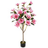 Faux wedding flower plant with 18 vibrant pink magnolia flowers and PEVA leaves in a sturdy cement pot for indoor.