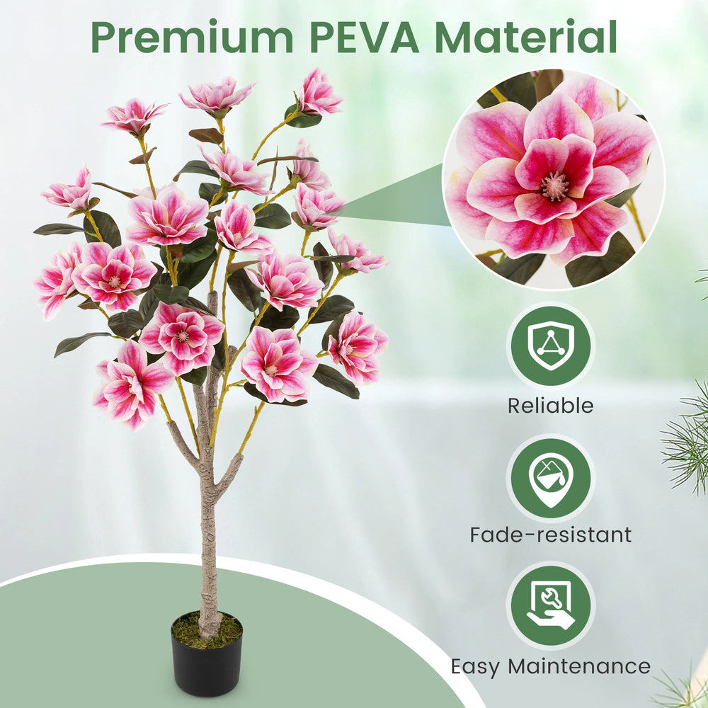 Faux wedding flower plant with 18 pink magnolia flowers, made of fade-resistant PEVA, perfect for indoor elegance.