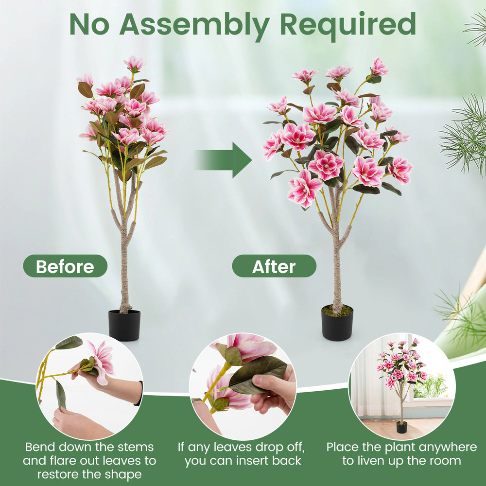Faux wedding flower plant with pink magnolia flowers and PEVA leaves, perfect for indoor elegance without assembly.