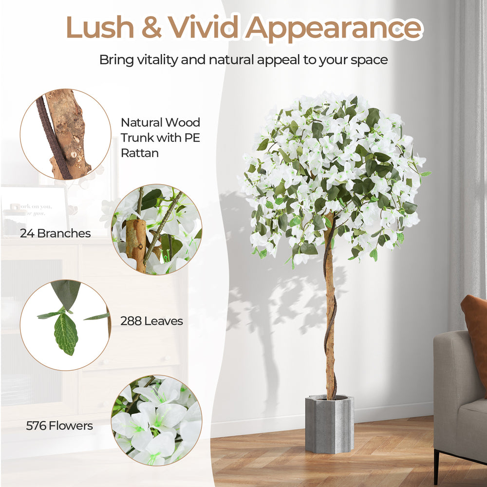 Artificial 4.5 feet azalea tree with 576 flowers, natural wood trunk, and cement pot for vibrant indoor decoration.