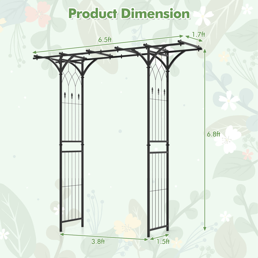 Dimensions of the 6.8 Feet Garden Arbor with Trellises for climbing plants, featuring a sturdy metal construction.