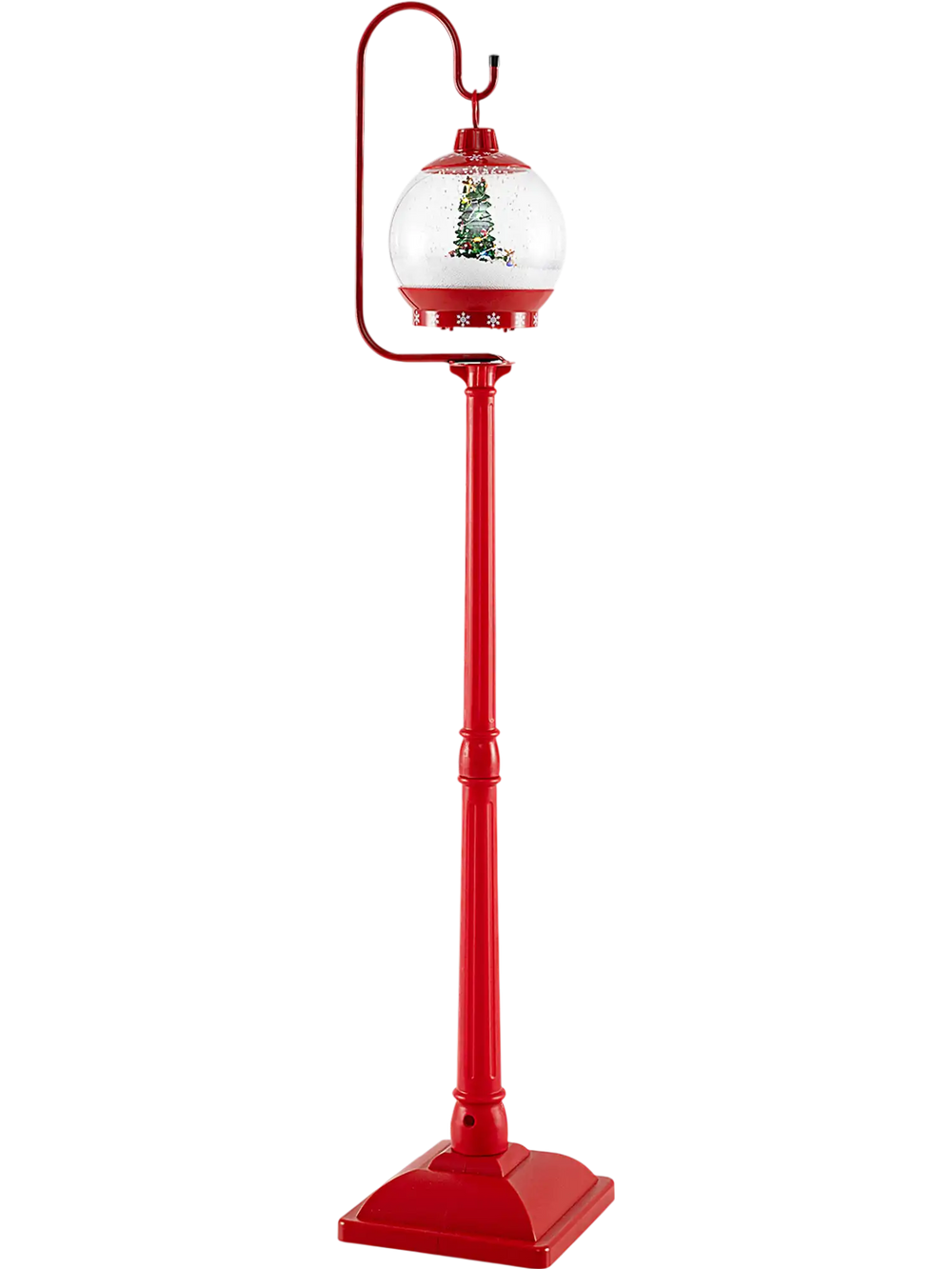 68-inch red festive musical street lamp post with snow globe lantern, featuring colorful lights and falling snow for.