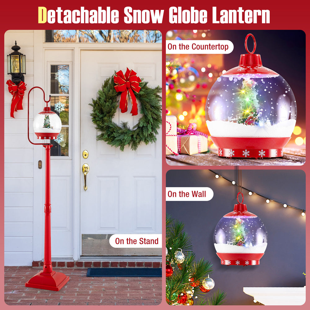 68-inch red Christmas street lamp post with detachable snow globe lantern, featuring colorful lights and festive scene.
