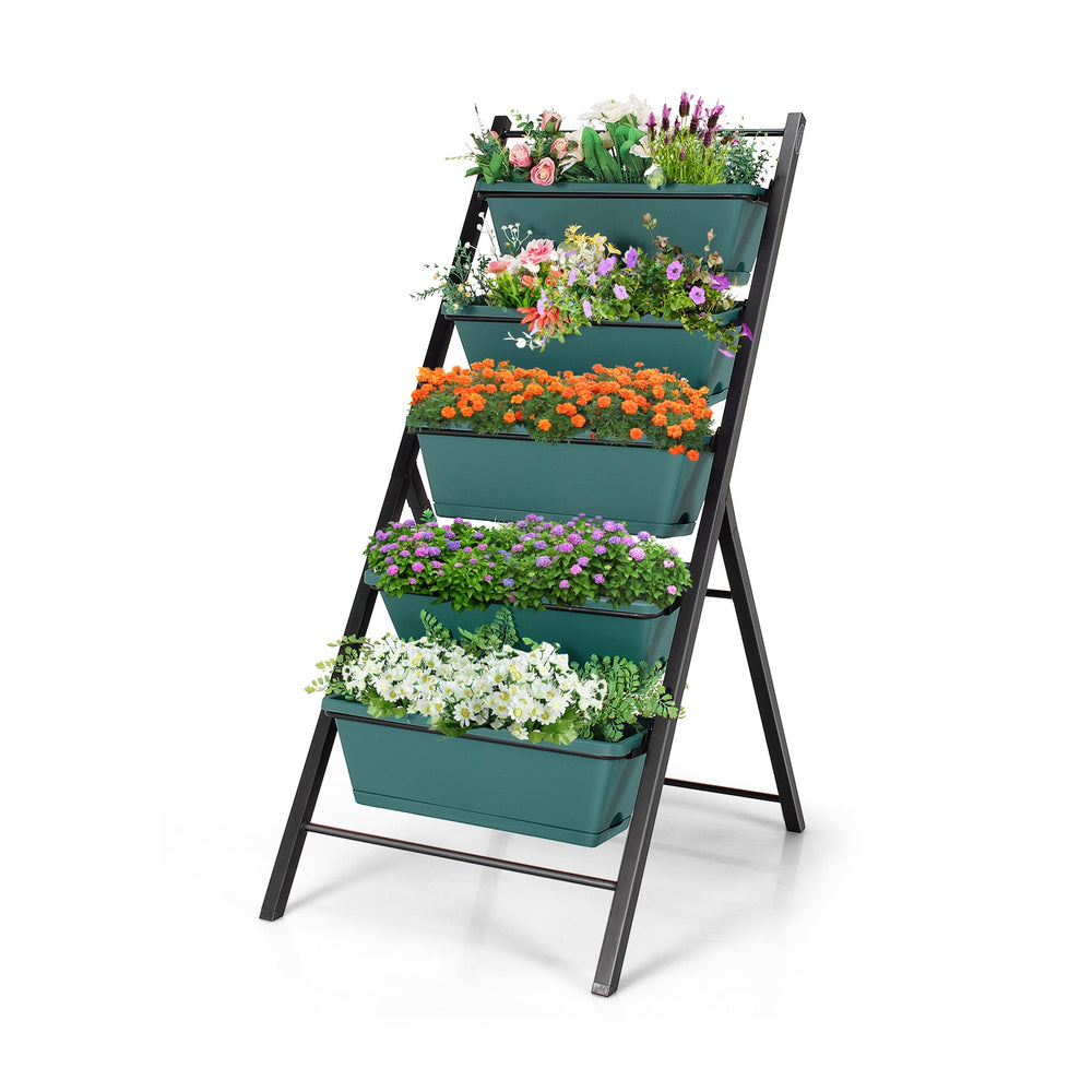 5-tier vertical garden planter with 5 green containers, ideal for flowers and herbs, perfect for patios and balconies.