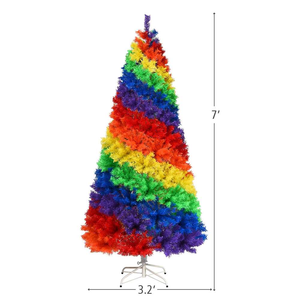 Colorful 7-foot artificial Christmas tree with 1213 rainbow branch tips and sturdy metal stand, ideal for festive.