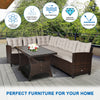 3-piece hand-woven rattan outdoor sofa set with dining table, featuring soft cushions and sturdy steel frame for.