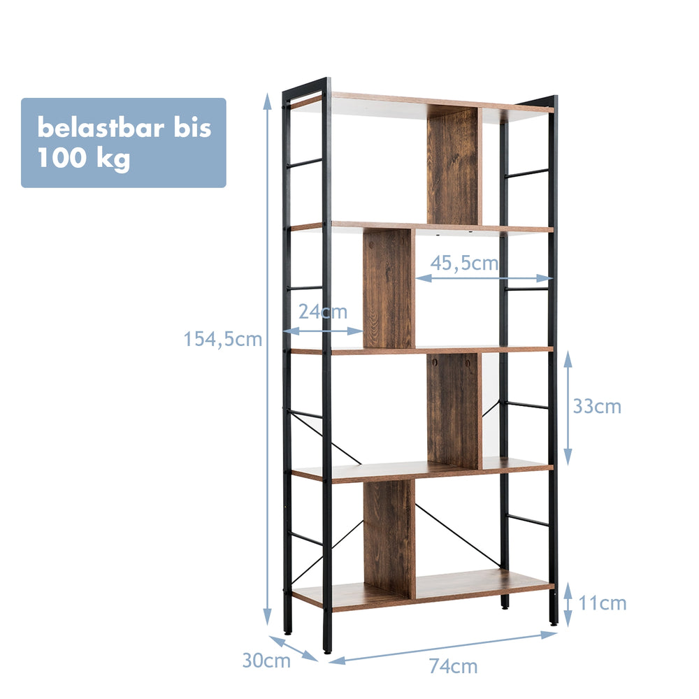 4-Tier industrial bookshelf with metal frame, featuring 5 open shelves, suitable for living room or study, durable.