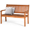 Two-person solid wood garden bench in natural teak color with curved backrest and wide armrests, ideal for indoor or.