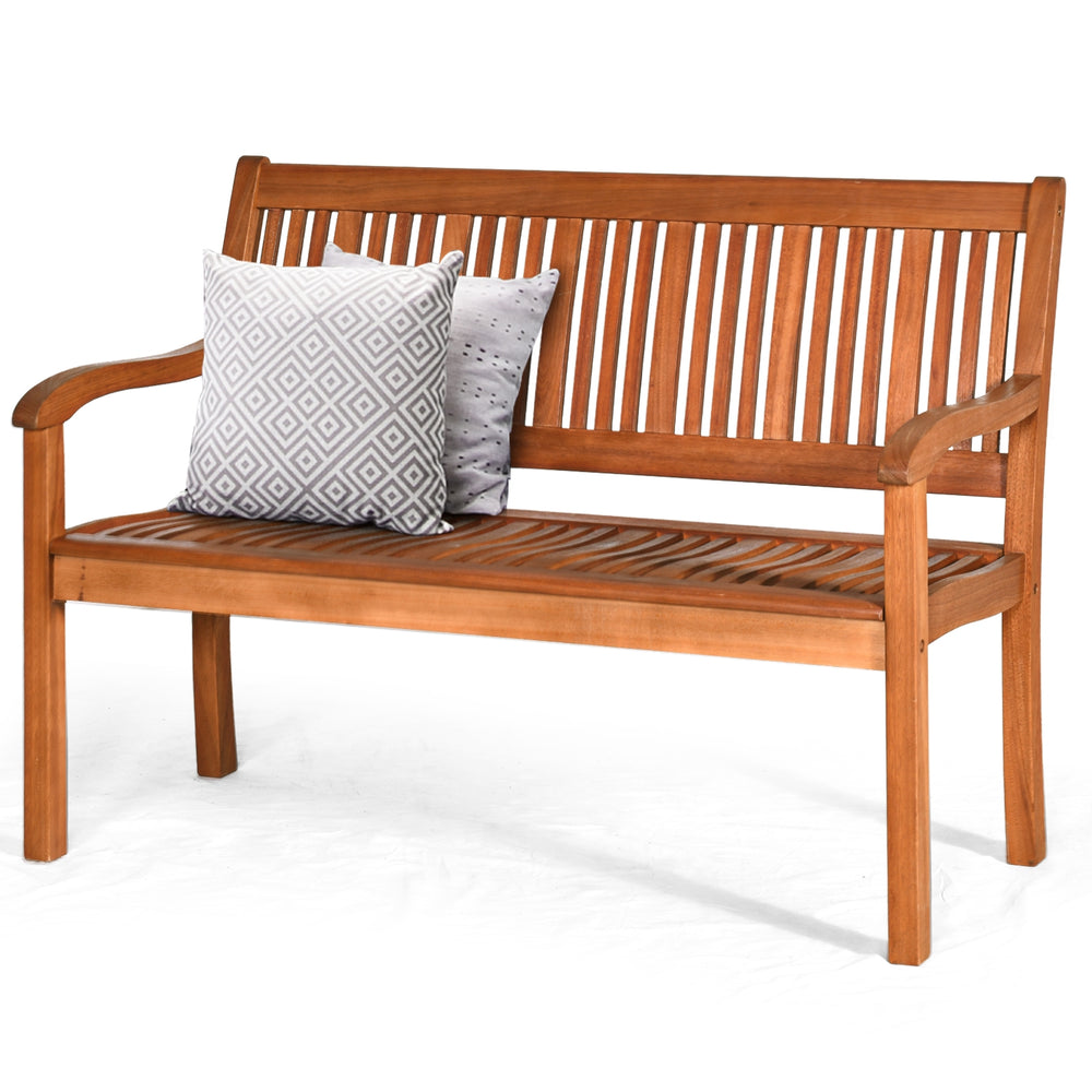 Two-person solid wood garden bench in natural teak color with curved backrest and wide armrests, ideal for indoor or.