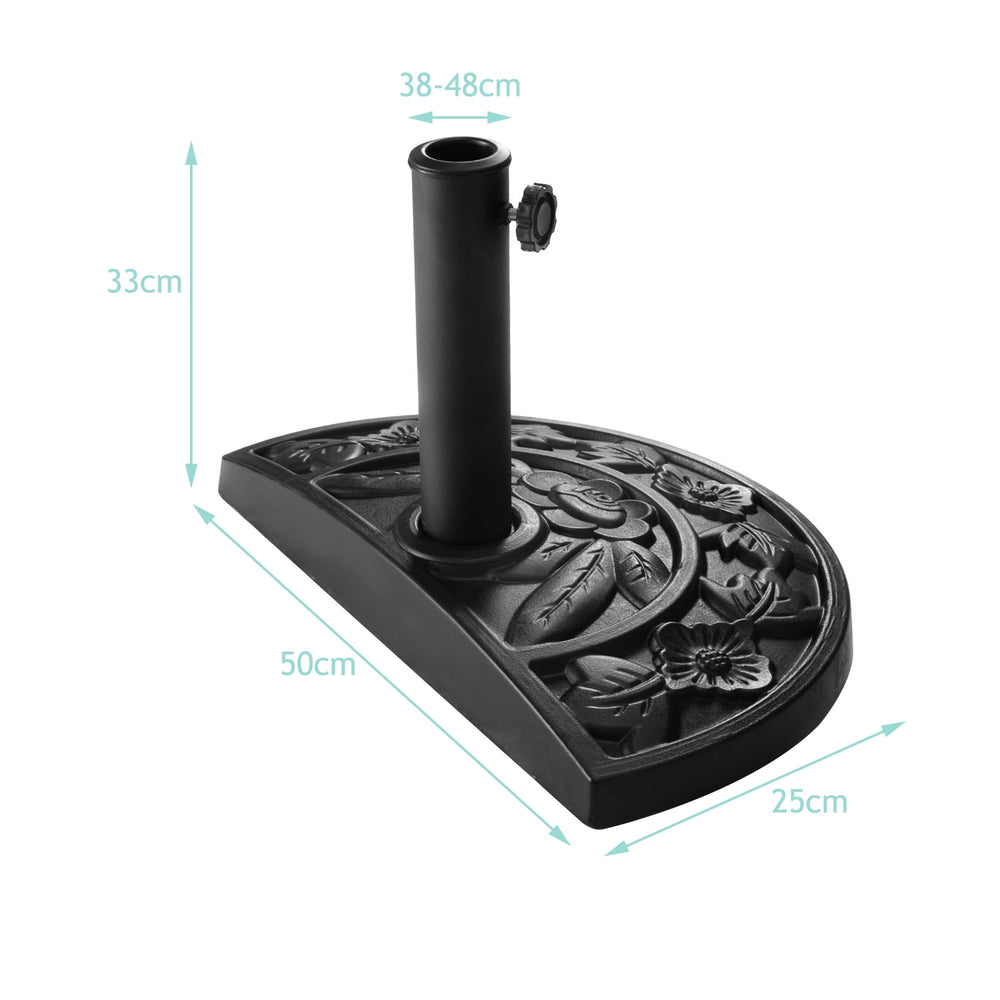 Half round outdoor patio umbrella base with ornate flower design, made of rust-free resin, adjustable for stability.
