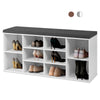 Shoe storage bench with cushion in white, featuring 10 cubes for ample shoe organization, ideal for entryway or hallway.
