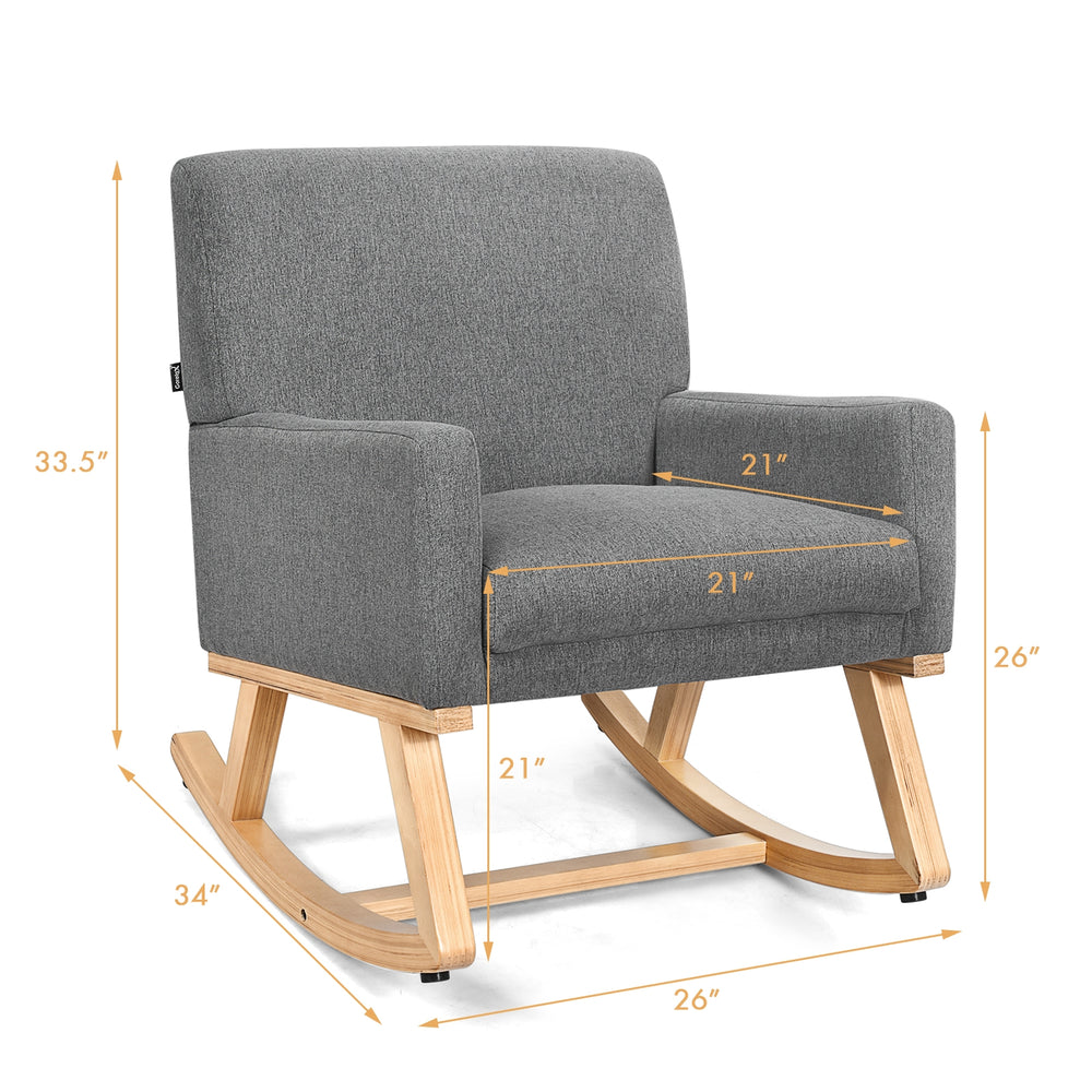 Gray upholstered rocking chair with solid wood base, ergonomic design, and cushioned seat for comfort and stability.