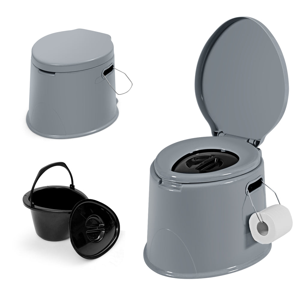 Portable 5L travel toilet in gray with removable inner bucket and paper holder, ideal for camping and outdoor.