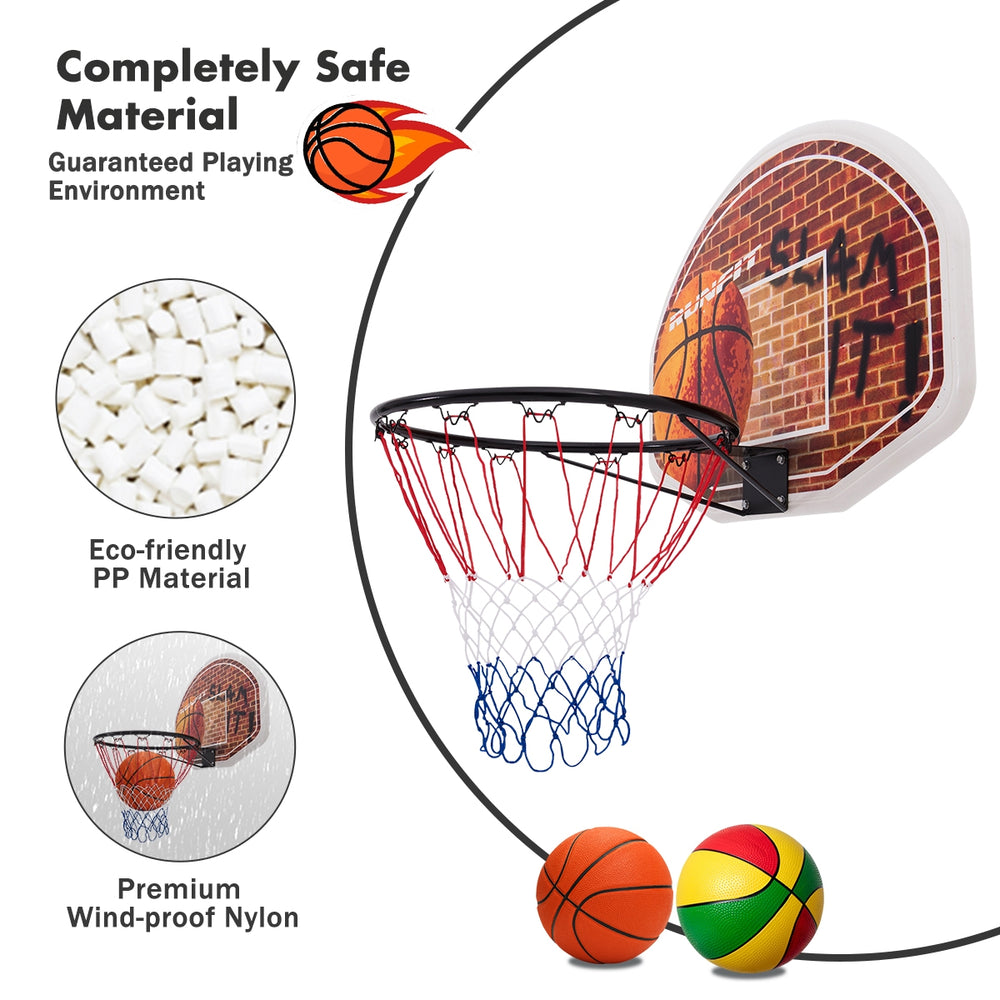 Wall mounted basketball hoop with 29" polypropylene backboard and two all-weather nylon nets for indoor or outdoor play.