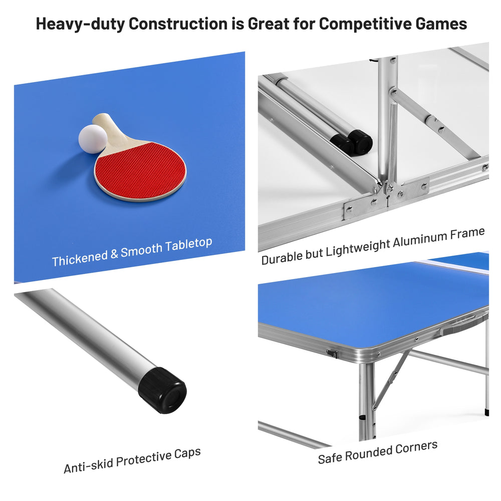 Portable 60-inch blue ping pong table with durable aluminum frame, includes paddles and balls, ideal for small areas.