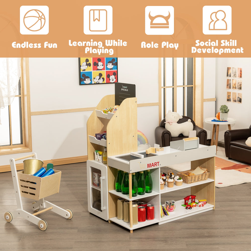 Grocery store playset featuring a checkout counter, shopping cart, and storage for imaginative pretend play.