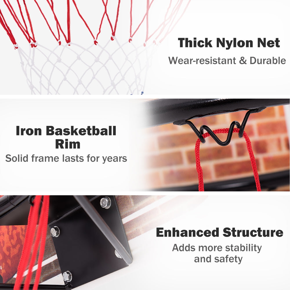 Thick nylon net and iron basketball rim on a wall-mounted backboard for durable indoor and outdoor play.