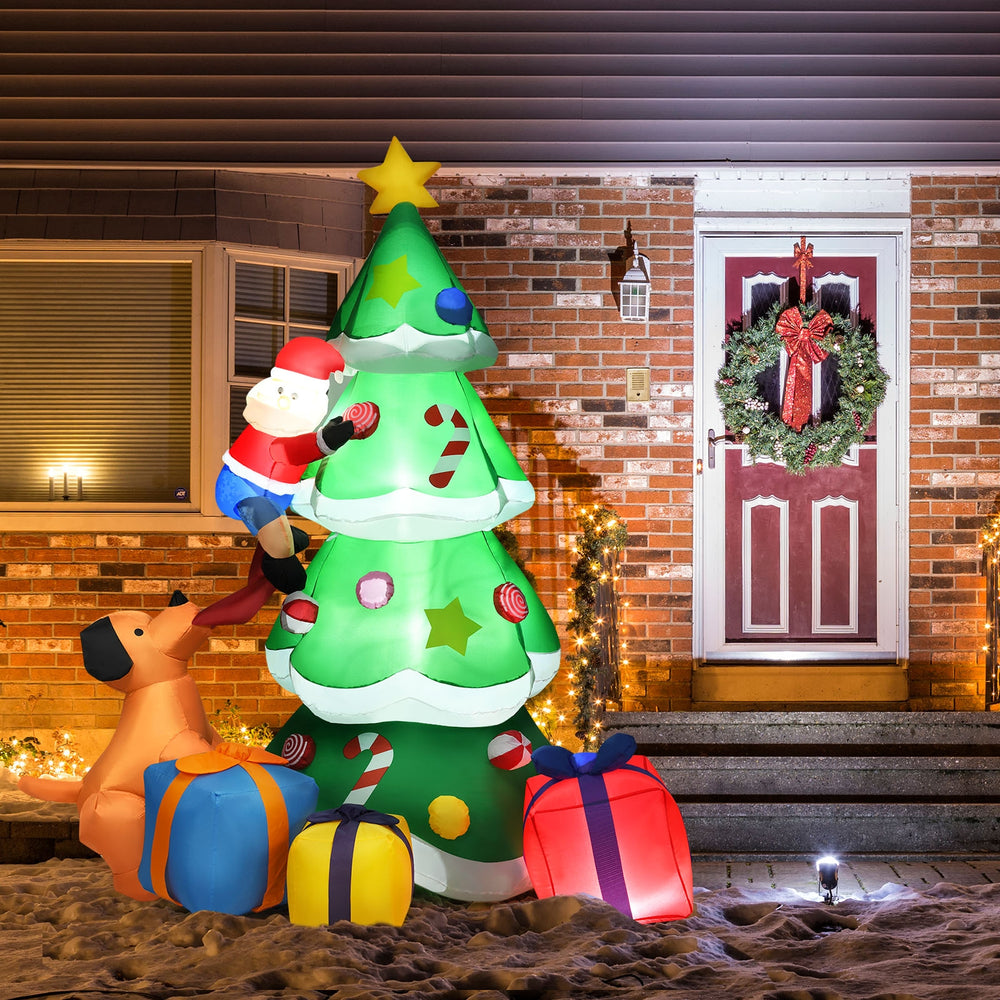 Inflatable 7 feet Christmas tree with Santa, puppy, and gift boxes, featuring LED lights for festive outdoor decor.