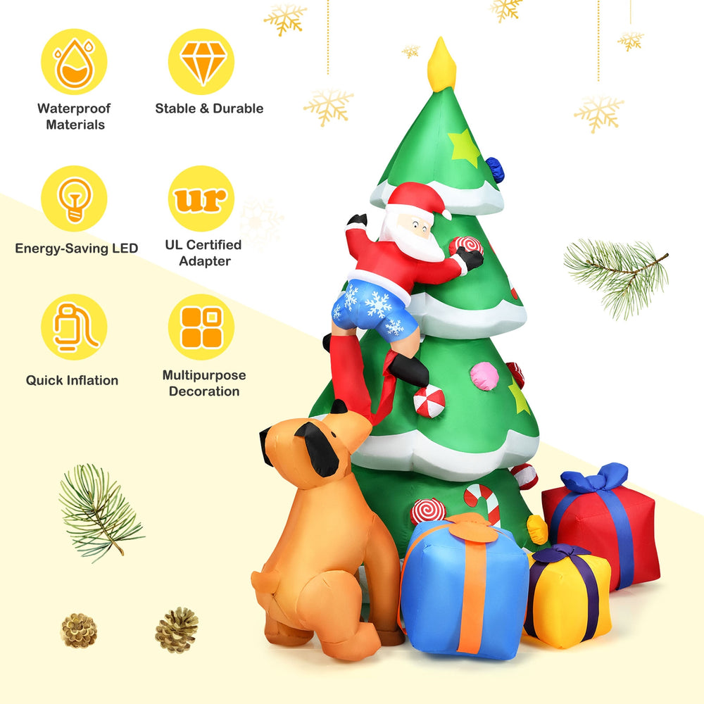 Inflatable 7 feet Christmas tree with Santa, puppy, and gift boxes, featuring LED lights for festive outdoor decoration.