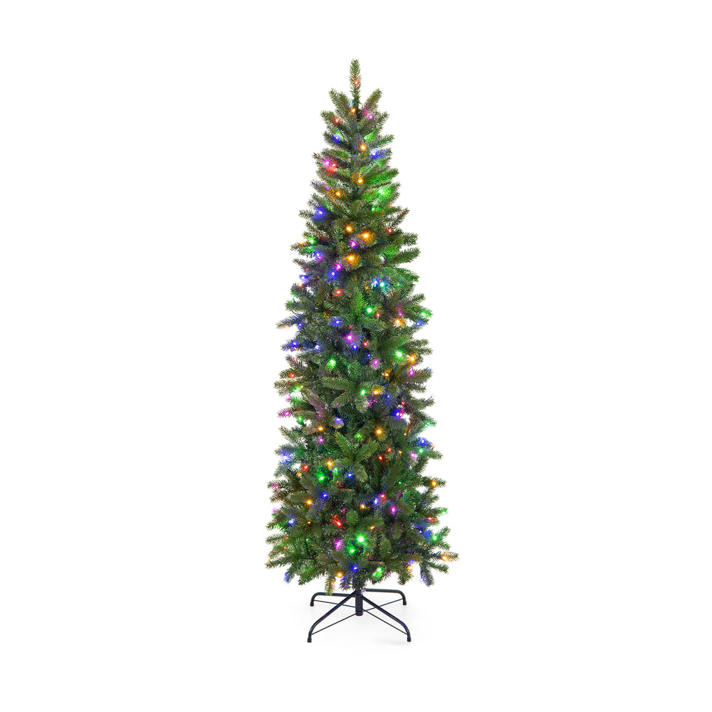 6 feet pre-lit artificial Christmas pencil tree with colorful LED lights, designed with a sturdy folding metal base for.