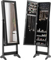 Black mirrored standing jewelry cabinet with storage for necklaces and accessories, combining elegance and practicality.