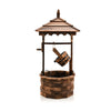 Wooden water fountain with electric pump, detachable bucket, and decorative pavilion for outdoor settings.