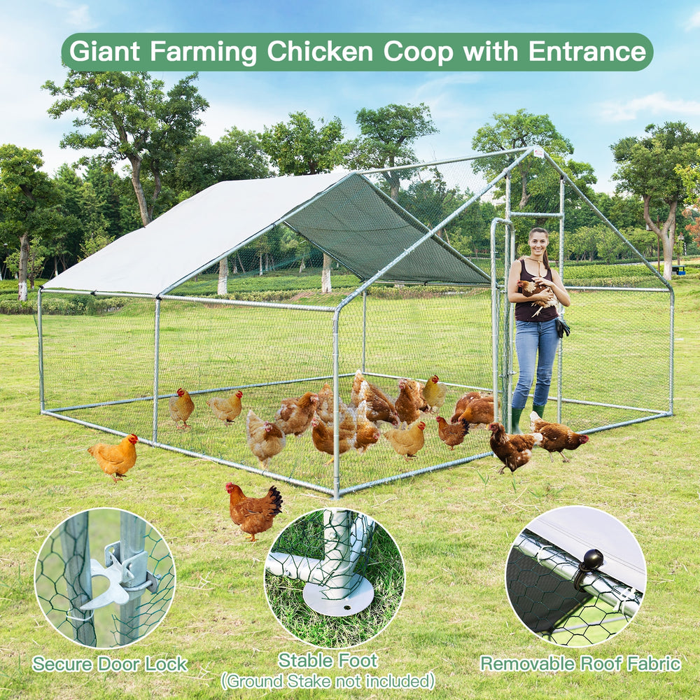 Walk-in chicken coop with waterproof cover, 13 x 13 feet, featuring a secure door lock for outdoor backyard use.