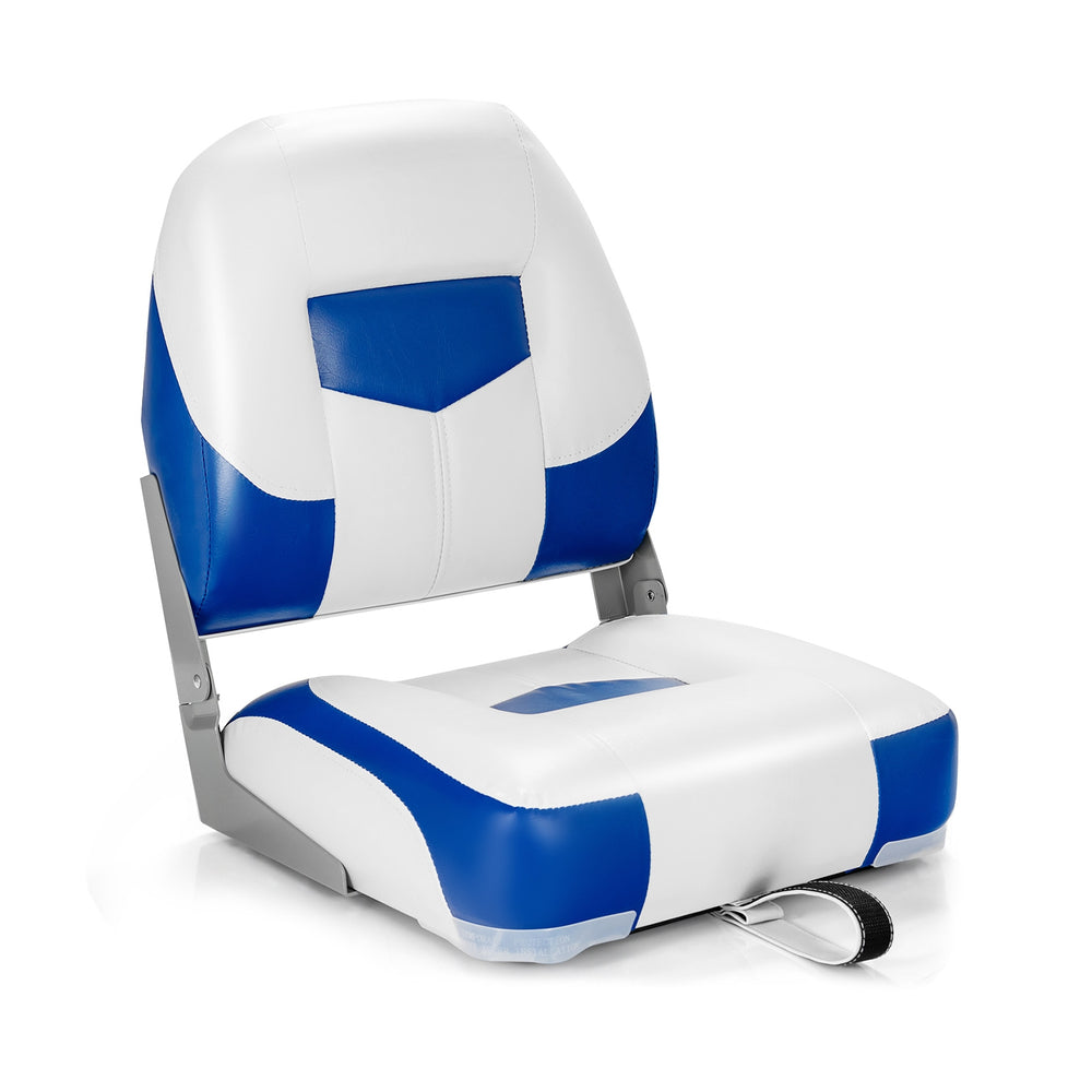 Folding low back fishing boat seat in blue and white, featuring ergonomic support and durable PVC for outdoor use.