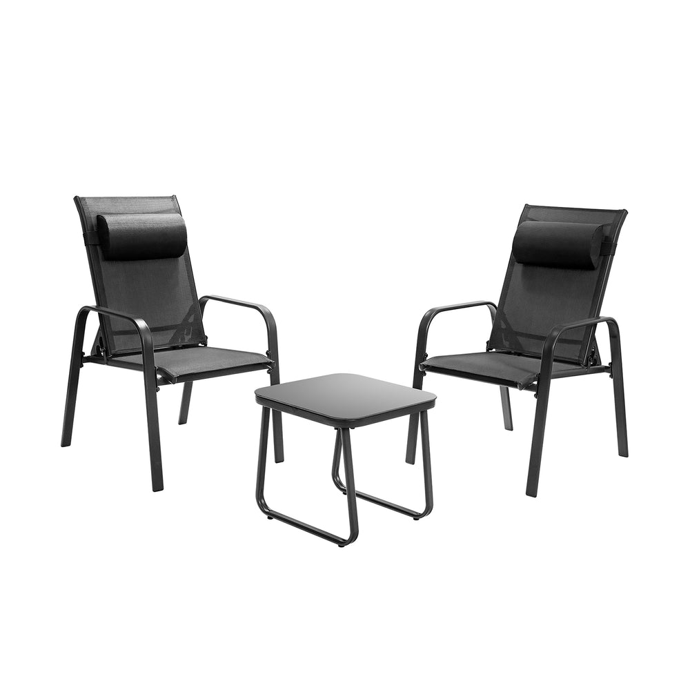 Two adjustable black patio chairs with a glass coffee table, perfect for compact outdoor spaces like balconies.