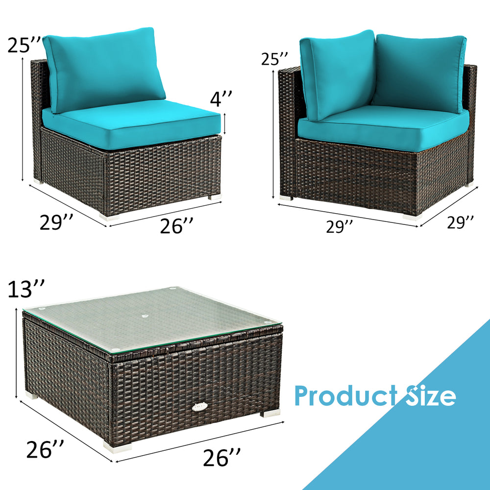 Cushioned corner sofa from a 5-piece patio rattan furniture set with turquoise cushions, ideal for outdoor relaxation.