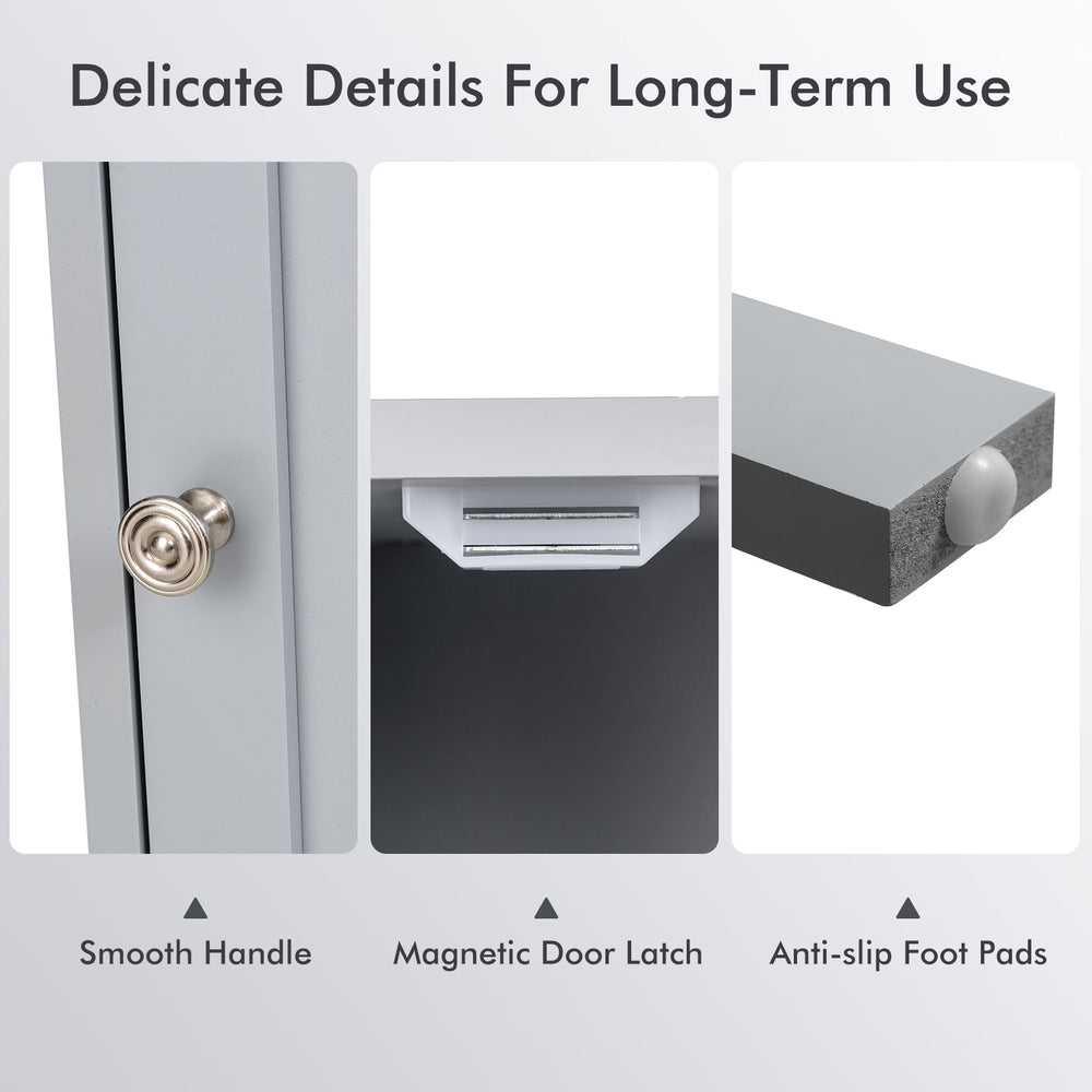 Close-up of the smooth handle and magnetic door latch on a gray bathroom wooden floor cabinet for easy access.