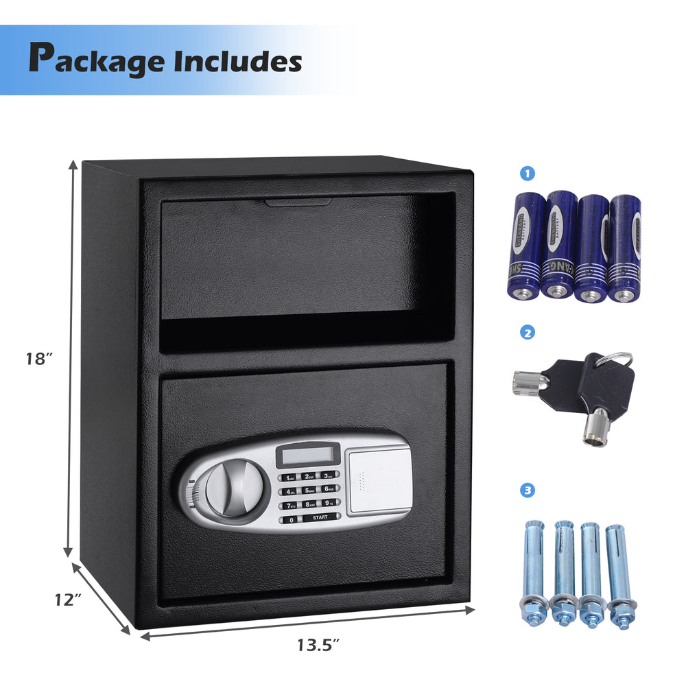 Digital deposit safe box with front load access, constructed from solid steel, ideal for securing cash and valuables.