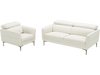 Modern white sofa set featuring a loveseat and accent chair with adjustable headrests, perfect for compact living.