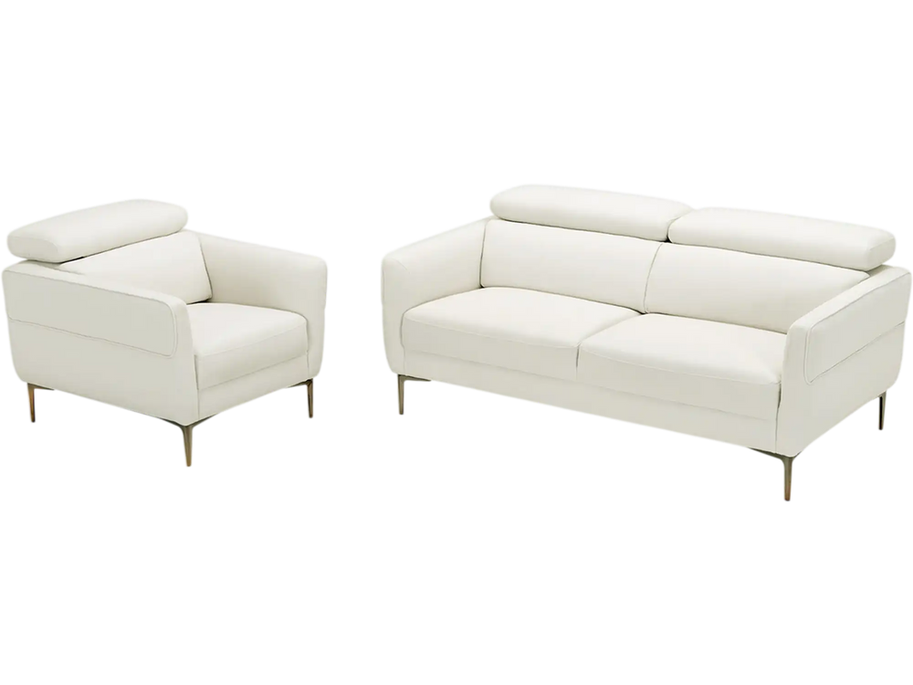 Modern white sofa set featuring a loveseat and accent chair with adjustable headrests, perfect for compact living.