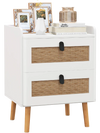 Modern end table in white featuring two rattan-decorated drawers and a spacious tabletop, ideal for home decor.