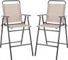 Set of 2 beige patio folding bar-height chairs with armrests, featuring breathable mesh and sturdy metal frame for.