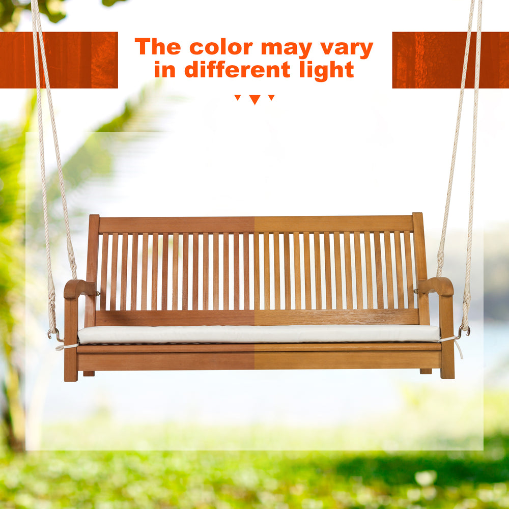 2-person hanging porch swing bench with a solid wood frame and cushion, featuring a beautiful wood finish for outdoor.