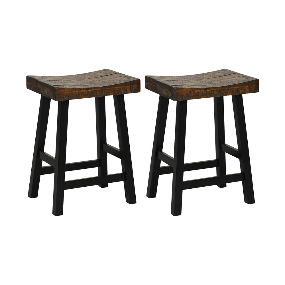 Set of two 24-inch solid wood saddle-seat stools with curved surfaces and footrests for comfortable seating.