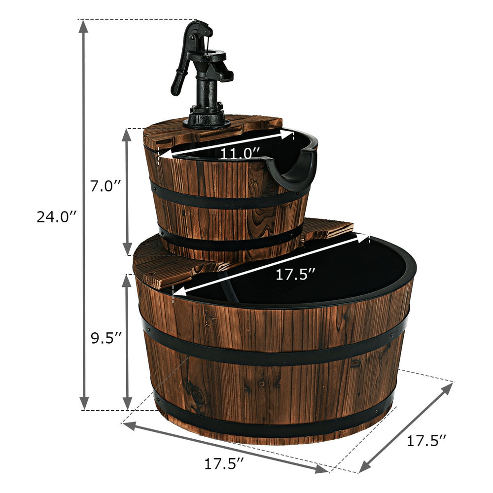 Dimensions of the 2-Tiers Outdoor Wooden Barrel Waterfall Fountain with Pump, showcasing its height and width for easy.