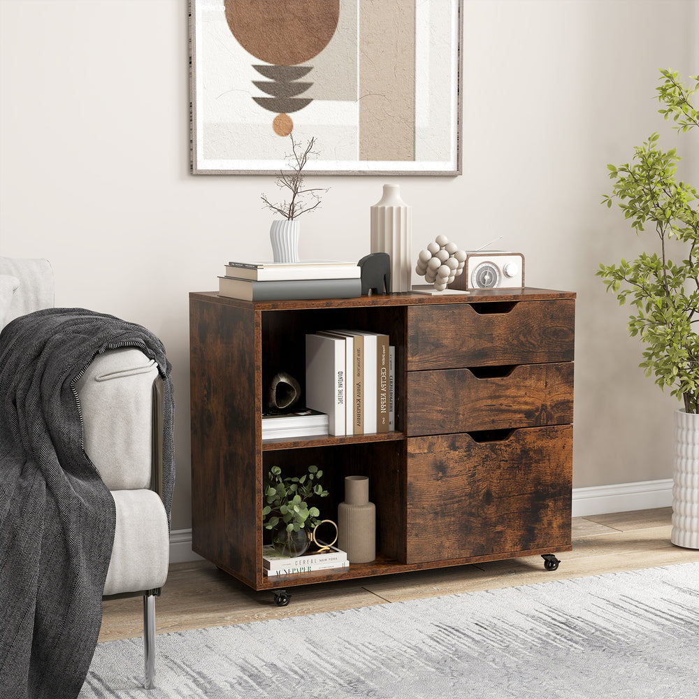Rustic brown 3-drawer file cabinet with adjustable shelf and wheels, perfect for organizing home office supplies.