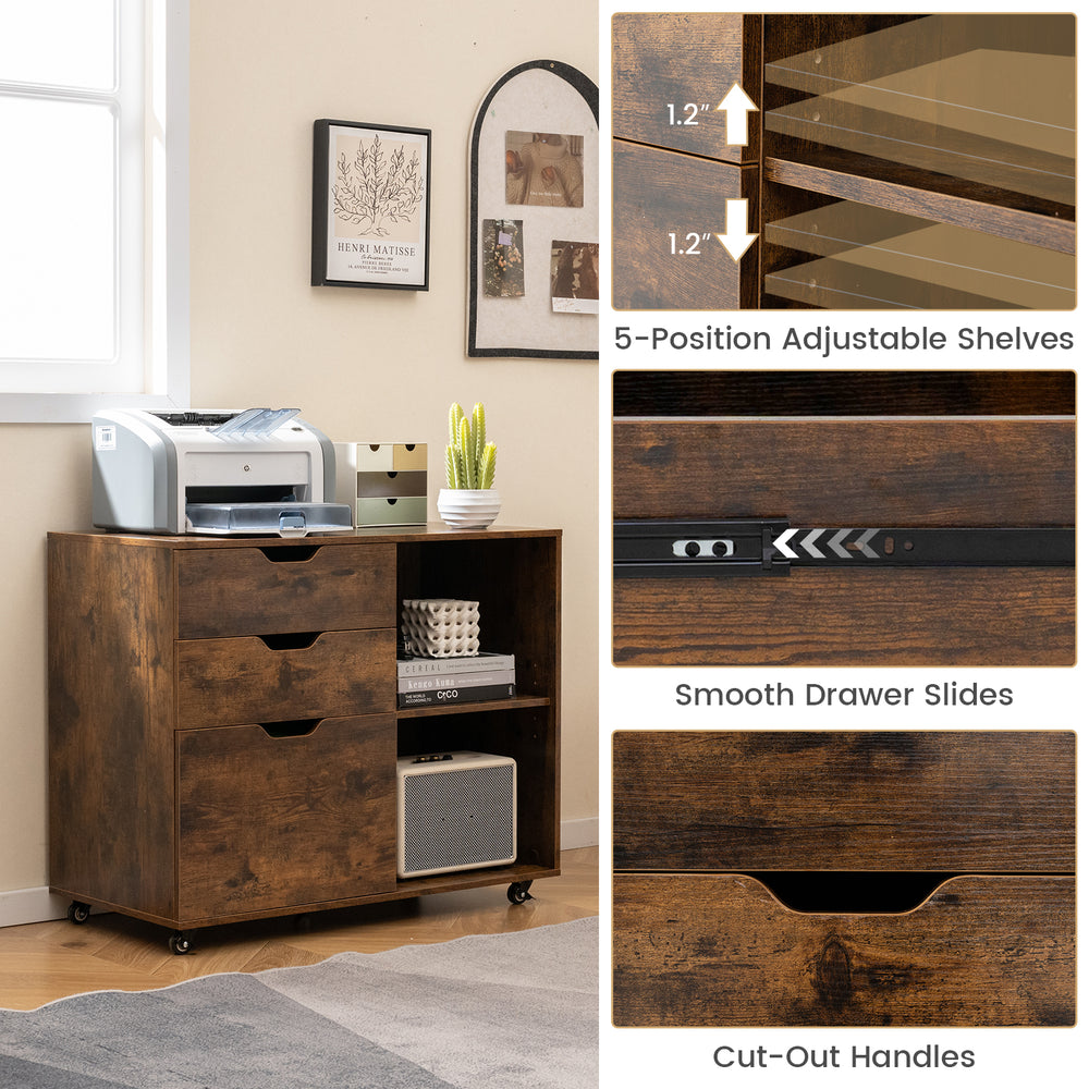 3-drawer file cabinet in rustic brown with adjustable shelf, wheels, and cut-out handles for versatile home office.